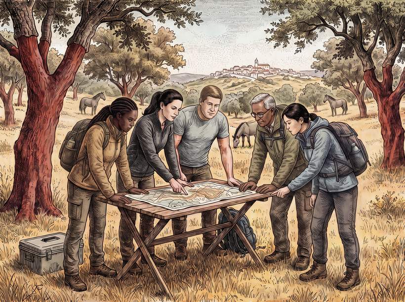 Engraving style illustration of a field team planning a route in the Alentejo, Sorraia horses grazing behind