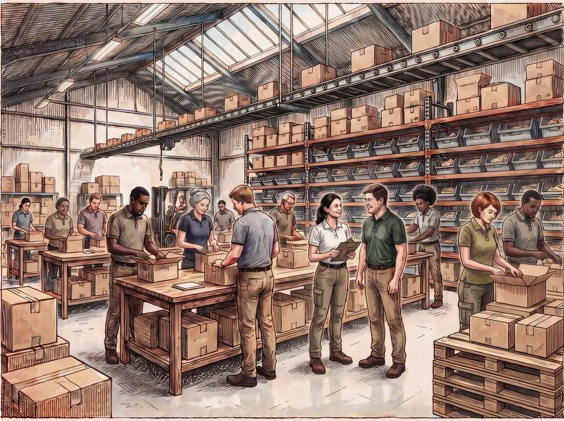 Engraving style illustration of a modern fulfilment floor