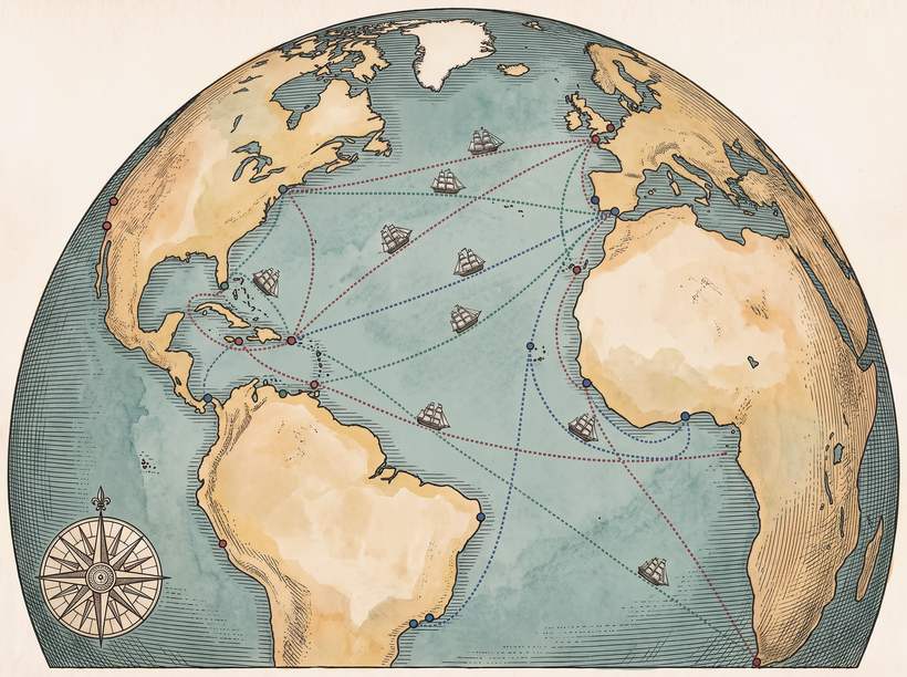 Hand coloured engraved chart of sailing routes