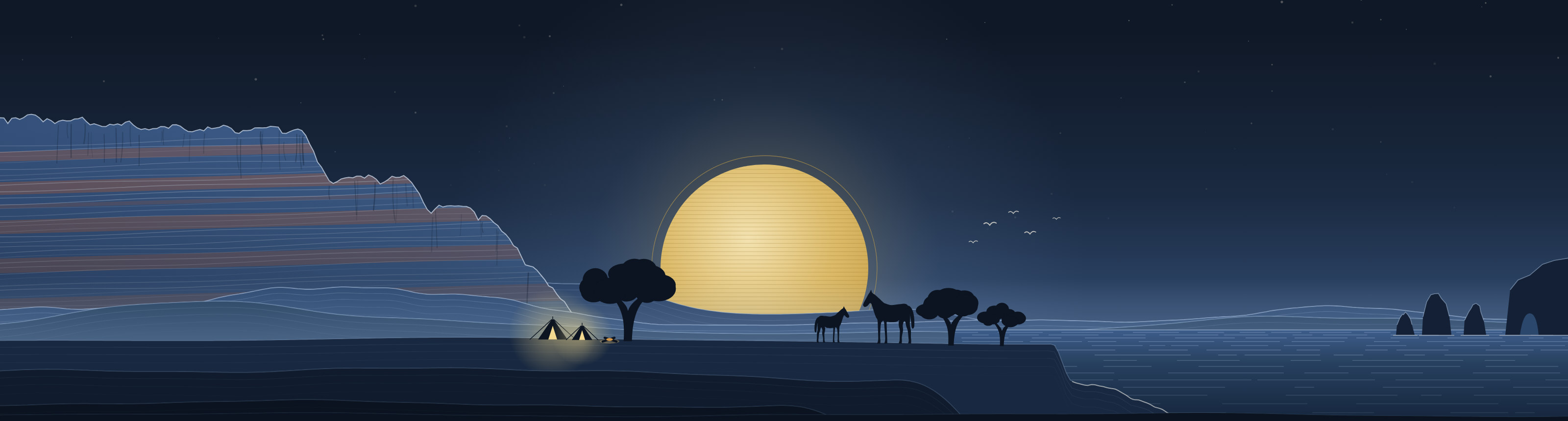 Night landscape: a red rock escarpment with a field camp and campfire, Sorraia horses under cork oaks in front of a rising sun, and a coast with sea stacks