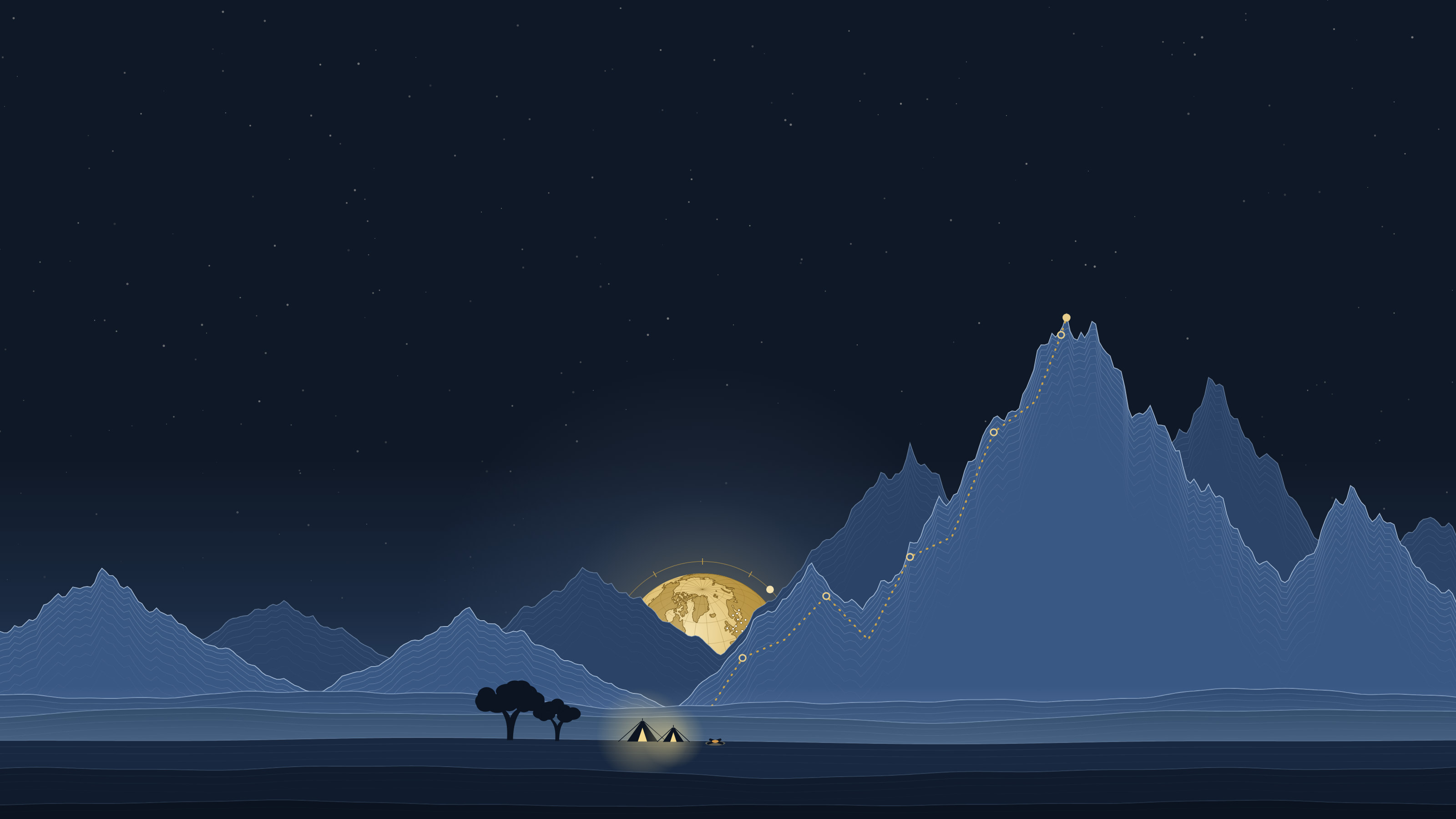 Night mountain range with a dashed route marked from a base camp with a campfire to the summit, and a golden globe rising behind the foothills