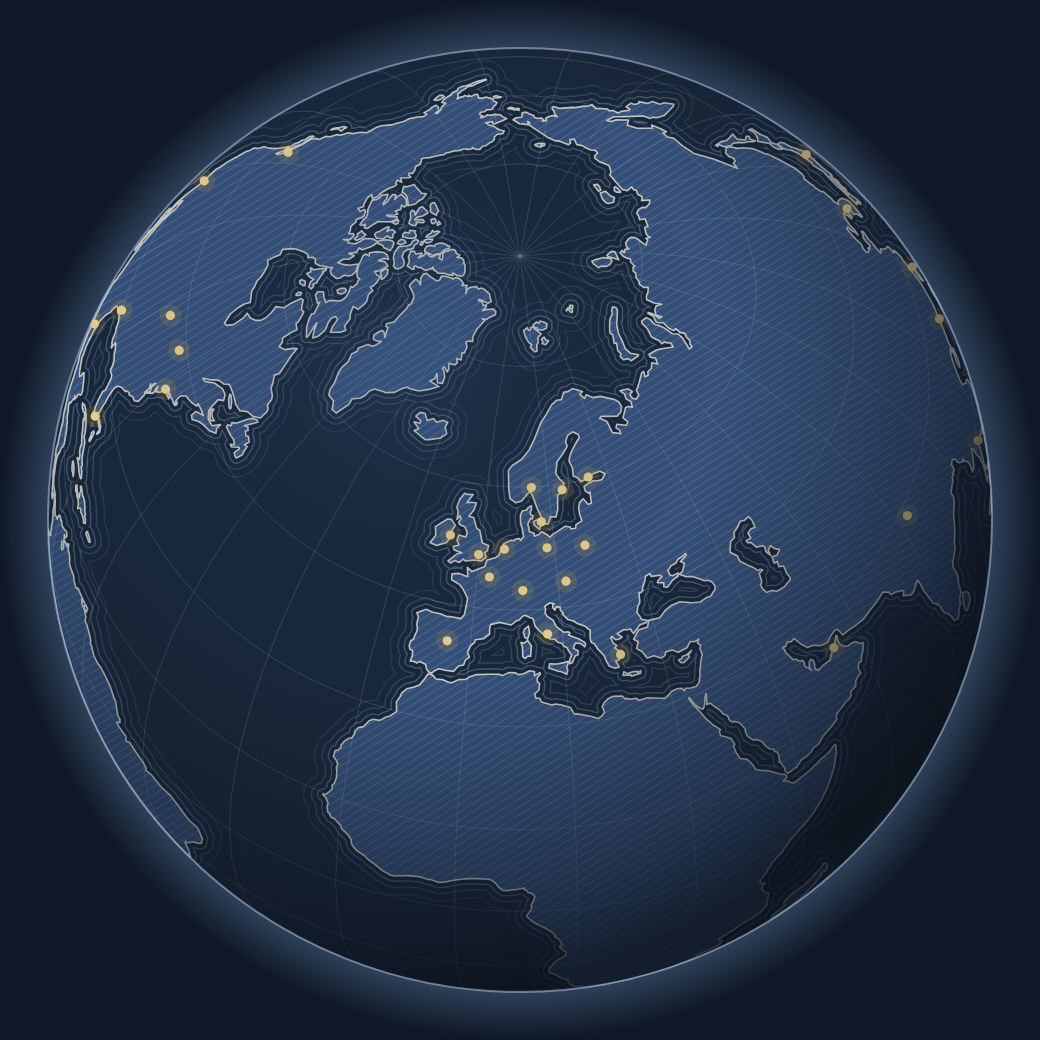 Globe with markets marked as points of light across North America, Europe and Asia